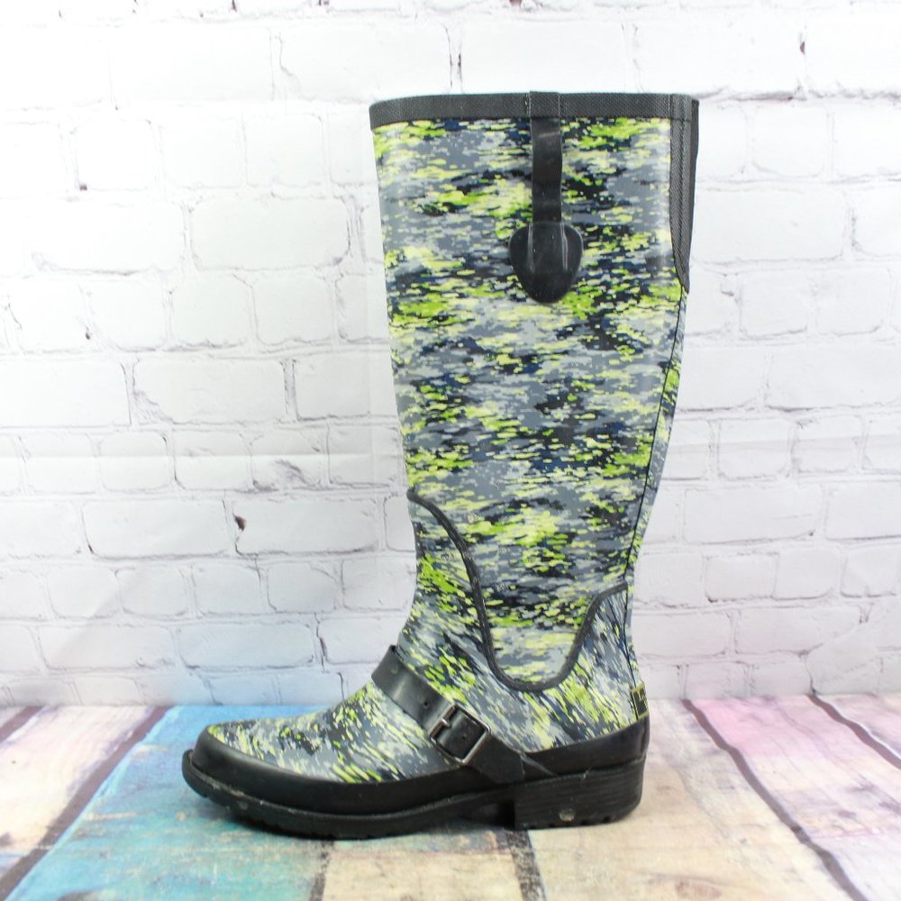 LL Bean Mariner Blue Camouflage Knee High Wellie Rain Boots Size 7 M - Picture 1 of 9
